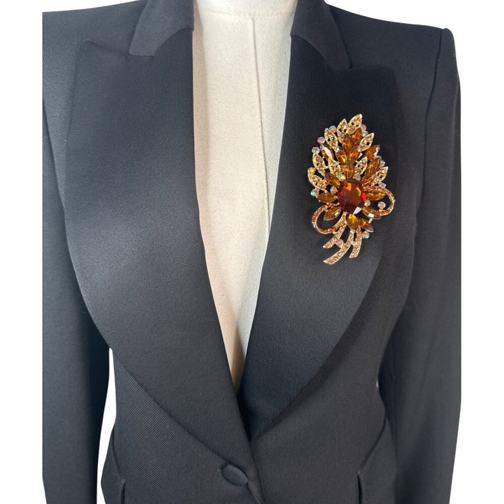 2/$30 Carmel Crystal Leaf Brooch Pin With Amber & Multicolor Rhinestones